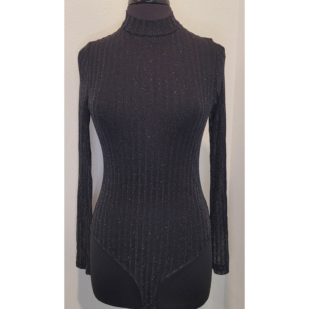 Retro Black Glitter Sheer Bodysuit L Goth Clubwear Statement